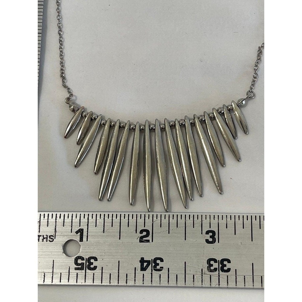 Silver Tone Spike Bib Statement Necklace Edgy Punk Fringe Textured Metallic - Picture 2 of 4